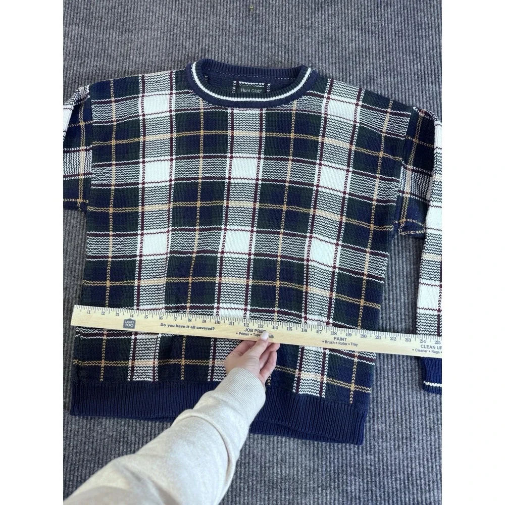 Vintage Hunt Club XL Blue Plaid Cotton Tight-Knit Crew‎ Neck Long Sleeve Sweater
